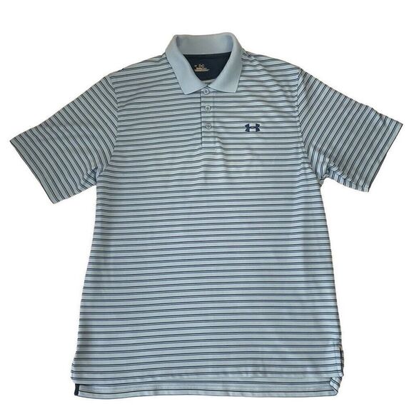 Under Armour Heat Gear Polo Shirt Mens Large Baby Blue Stripes Short Sleeve Golf - Picture 1 of 8